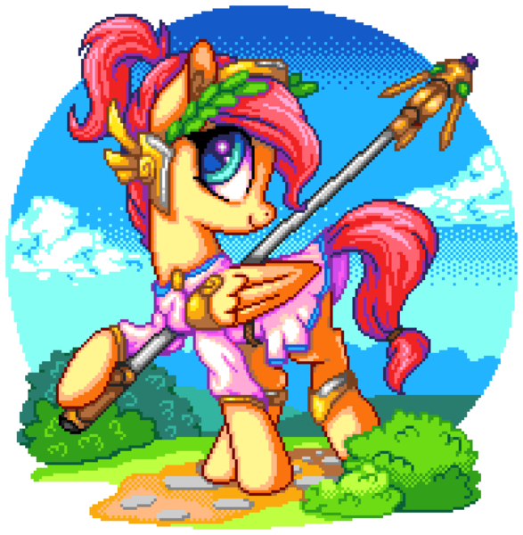 Size: 935x955 | Tagged: safe, artist:epicvon, artist:lollipony, derpibooru import, fluttershy, pegasus, pony, alternate hairstyle, clothes, cosplay, costume, crossover, female, image, laurel, manepxls, mare, mercyshy, overwatch, pixel art, png, ponytail, profile, pxls.space, simple background, smiling, solo, transparent background