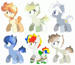 Size: 3035x2600 | Tagged: safe, artist:mochi_nation, derpibooru import, oc, oc:flame egg, oc:flannel tea, oc:galaxy, oc:rubik star, oc:silver bolt, oc:sunrich maron, unofficial characters only, earth pony, pegasus, pony, unicorn, clothes, coat markings, eye clipping through hair, female, image, jpeg, mare, simple background, socks, socks (coat marking), white background