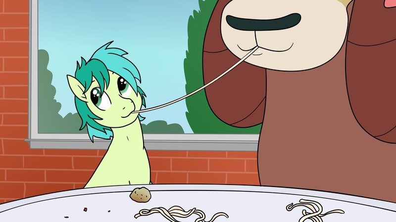 Size: 2133x1200 | Tagged: safe, artist:pony quarantine, derpibooru import, sandbar, yona, earth pony, pony, yak, eating, female, food, image, jpeg, lady and the tramp, larger female, male, meatballs, pasta, shipping, size difference, smaller male, spaghetti, spaghetti scene, stallion, straight, yonabar