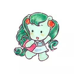 Size: 350x350 | Tagged: safe, derpibooru import, official, earth pony, pony, apple, bipedal, book, clothes, curly hair, cute, food, g1, green hair, hair accessory, image, jpeg, kuru kuru, pigtails, shirt, simple background, skirt, solo, suspenders, takara pony, walking, waving, white background