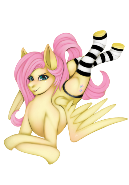 Size: 1280x1833 | Tagged: suggestive, artist:jennobasilicum, derpibooru import, fluttershy, pegasus, pony, bedroom eyes, blushing, clothes, female, image, lying down, mare, panties, png, prone, simple background, socks, solo, solo female, stockings, striped socks, thigh highs, toeless socks, toeless stockings, transparent background, underwear