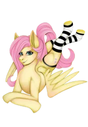 Size: 1280x1833 | Tagged: suggestive, artist:jennobasilicum, derpibooru import, fluttershy, pegasus, pony, bedroom eyes, blushing, clothes, female, image, lying down, mare, panties, png, prone, simple background, socks, solo, solo female, stockings, striped socks, thigh highs, toeless socks, toeless stockings, transparent background, underwear