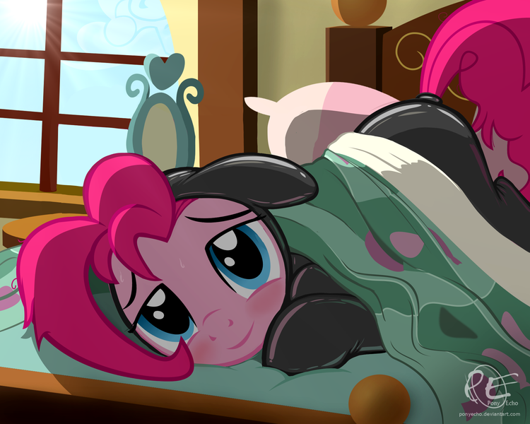 Size: 2000x1600 | Tagged: suggestive, artist:ponyecho, edit, editor:anonymous, pinkie pie, earth pony, pony, /mlp/ latex requests, bed hair, bedroom, bedroom eyes, blushing, bondage, cute, diapinkes, encasement, female, floppy ears, image, latex, latex suit, looking at you, mare, messy mane, morning ponies, png, show accurate, smiling, solo, sweat