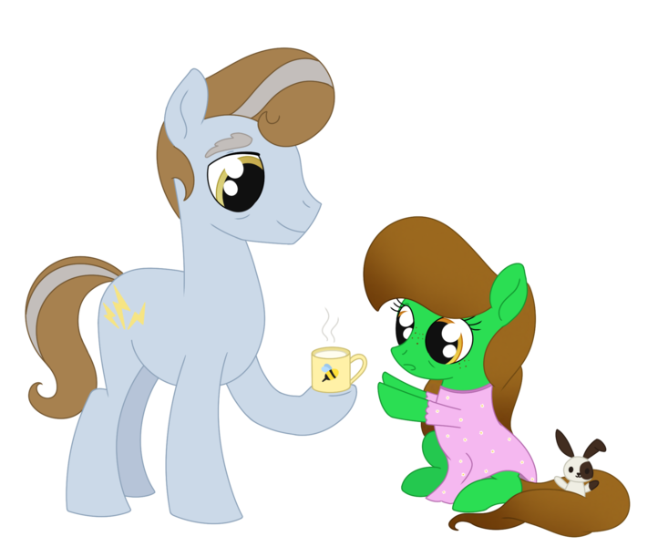 Size: 2048x1701 | Tagged: safe, artist:dyonys, derpibooru import, oc, oc:high current, oc:lucky brush, unofficial characters only, earth pony, pony, clothes, female, filly, foal, freckles, grandfather, grandparent and grandchild moment, image, male, milk, nightgown, plushie, png, simple background, transparent background, wholesome