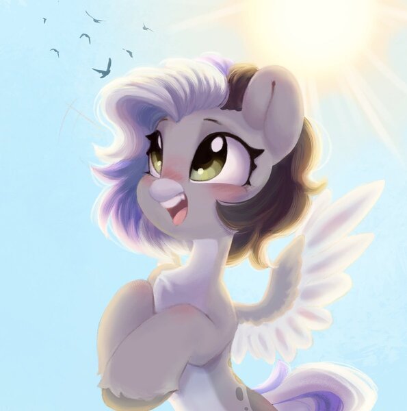 Size: 1189x1200 | Tagged: safe, artist:melodylibris, derpibooru import, oc, unofficial characters only, pegasus, pony, blushing, cute, female, image, jpeg, mare, ocbetes, open mouth, open smile, smiling, solo, spread wings, sun, sunlight, wings