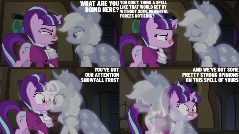 Size: 1280x720 | Tagged: safe, derpibooru import, edit, edited screencap, editor:quoterific, screencap, applejack, snowfall frost, spirit of hearth's warming past, starlight glimmer, earth pony, pony, unicorn, a hearth's warming tail, season 6, duo, eyes closed, female, image, mare, open mouth, open smile, png, shrunken pupils, smiling, text