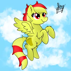 Size: 2048x2048 | Tagged: safe, artist:jay_wackal, derpibooru import, oc, oc:marmalade, unofficial characters only, pegasus, pony, cloud, flying, image, pegasus oc, png, raised hoof, wings