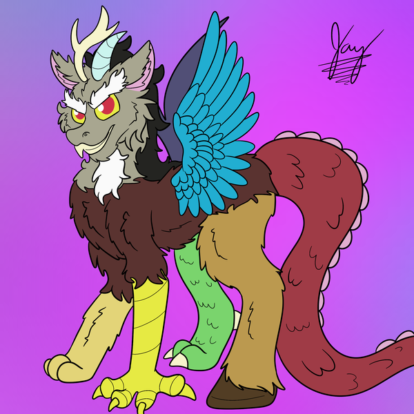 Size: 2048x2048 | Tagged: safe, artist:jay_wackal, derpibooru import, discord, chaos, chest fluff, dragon tail, ear fluff, feral, hooves, horn, image, png, spread wings, tail, talons, wings