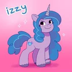 Size: 856x856 | Tagged: safe, artist:malarkey, derpibooru import, izzy moonbow, pony, unicorn, my little pony: tell your tale, doodle, female, full body, g5, hooves, horn, image, mare, png, smiling, solo, standing, tail, text, unshorn fetlocks