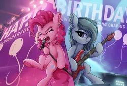 Size: 3094x2089 | Tagged: safe, artist:zeepheru_pone, derpibooru import, marble pie, pinkie pie, earth pony, pony, bass guitar, bipedal, chest fluff, duo, duo female, ear fluff, eyes closed, female, guitar, high res, image, lights, mare, microphone, musical instrument, pie sisters, pie twins, png, singing, sisters, smiling, spotlight, twins