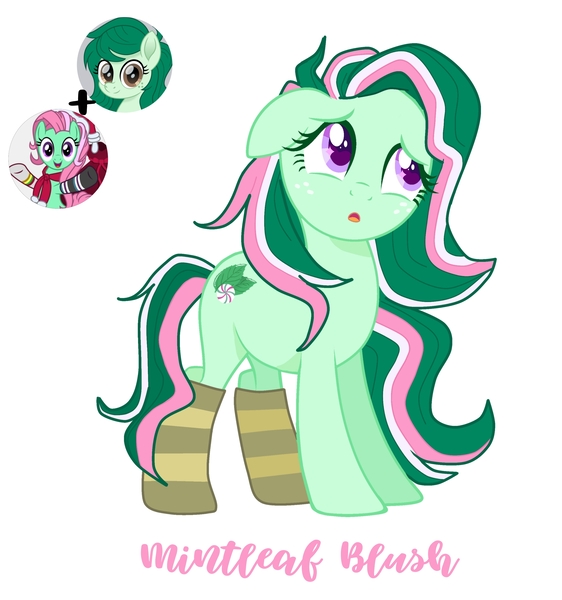 Size: 3245x3464 | Tagged: safe, artist:mint-light, artist:vernorexia, derpibooru import, minty, wallflower blush, oc, oc:mintleaf blush, earth pony, pony, :o, base used, clothes, colored eyelashes, colored pupils, floppy ears, fusion, g3, g3 to g4, g4, generation leap, green coat, green mane, image, jpeg, long mane, multicolored mane, open mouth, pink mane, purple eyes, show accurate, simple background, socks, solo, that pony sure does love socks, white background, worried