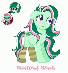 Size: 3245x3464 | Tagged: safe, artist:mint-light, artist:vernorexia, derpibooru import, minty, wallflower blush, oc, oc:mintleaf blush, earth pony, pony, :o, base used, clothes, colored eyelashes, colored pupils, floppy ears, fusion, g3, g3 to g4, g4, generation leap, green coat, green mane, image, jpeg, long mane, multicolored mane, open mouth, pink mane, purple eyes, show accurate, simple background, socks, solo, that pony sure does love socks, white background, worried