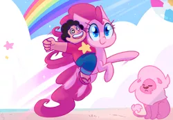 Size: 4550x3150 | Tagged: safe, artist:meekcheep, derpibooru import, pinkie pie, alien, big cat, earth pony, human, hybrid, lion, pony, beach, beach ball, clothes, crossover, eyes closed, female, humans riding ponies, image, lion (steven universe), mare, png, rainbow, riding, sand, sandals, steven quartz universe, steven universe, trio, xk-class end-of-the-world scenario