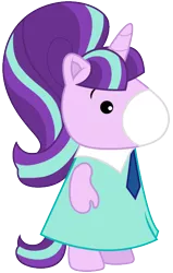 Size: 406x639 | Tagged: safe, artist:cloudyglow, derpibooru import, starlight glimmer, pony, unicorn, bangs, bipedal, chibi, clothes, cute, dress, finger, g1, g4, g4 to g1, generation leap, glimmerbetes, image, japanese, moon runes, necktie, png, ponytail, simple background, solo, takara pony, transparent background