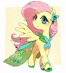 Size: 1968x2184 | Tagged: safe, artist:nendo, derpibooru import, fluttershy, pegasus, pony, abstract background, blushing, clothes, cute, dress, female, image, jpeg, looking at you, mare, shyabetes, smiling, smiling at you, spread wings, wings