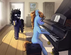 Size: 3238x2484 | Tagged: safe, artist:helmie-art, derpibooru import, oc, unofficial characters only, earth pony, pony, unicorn, clothes, image, musical instrument, piano, png, sitting, suit