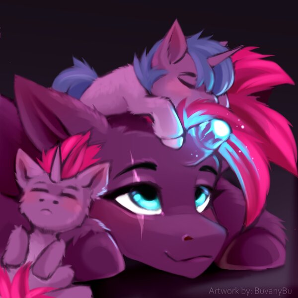 Size: 3543x3543 | Tagged: safe, artist:buvanybu, derpibooru import, fizzlepop berrytwist, tempest shadow, pony, unicorn, female, foal, glow, glowing horn, horn, image, jpeg, looking at someone, mare, sleeping, smiling, unshorn fetlocks