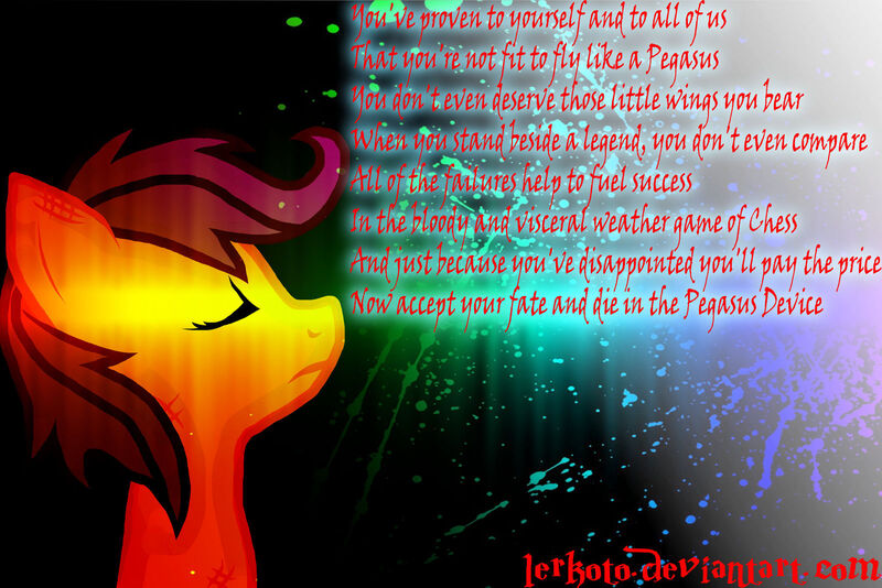 Size: 1600x1067 | Tagged: safe, artist:lerkoto, derpibooru import, scootaloo, pegasus, pony, fanfic:pegasus device, fanfic:rainbow factory, absentia, black background, blood, blood splatter, eyes closed, fanfic art, female, filly, foal, frown, image, jpeg, liquid rainbow, long neck, messy mane, pegasus device, pegasus device song, rainbow blood, simple background, solo, spectra, text