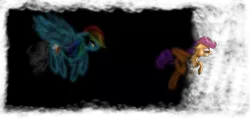 Size: 1024x482 | Tagged: semi-grimdark, artist:leeileria, derpibooru import, rainbow dash, scootaloo, pegasus, pony, fanfic:rainbow factory, absentia, black background, blood, chase, duo, dyed tail, fanfic art, female, filly, flying, foal, gritted teeth, image, looking at someone, mare, neon, pegasus device, png, rainbow blood, rainbow factory dash, running, simple background, tail