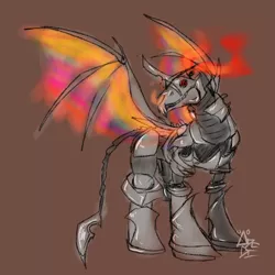 Size: 1000x1000 | Tagged: semi-grimdark, artist:deltaface, derpibooru import, oc, pony, robot, robot pony, fanfic:pegasus device, fanfic:rainbow factory, brown background, fanfic art, image, jpeg, pegasus device, pencil drawing, red sclera, robot oc, signature, simple background, traditional art