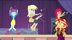 Size: 1920x1080 | Tagged: safe, artist:bigpurplemuppet99, derpibooru import, blueberry pie, derpy hooves, raspberry fluff, sunset shimmer, equestria girls, rainbow rocks, bell, cowbell, image, jpeg, microphone, microphone stand, musical instrument, musical saw, speaker, the muffins, triangle