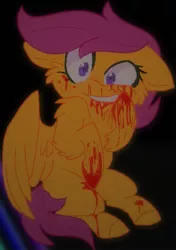 Size: 401x570 | Tagged: semi-grimdark, artist:moonlighttwinkleyt, derpibooru import, scootaloo, pegasus, pony, fanfic:pegasus device, fanfic:rainbow factory, absentia, arm fluff, black background, blood, blood splatter, evil grin, evil scootaloo, factory scootaloo, fanfic art, female, filly, foal, grin, image, insanity, liquid rainbow, long description, looking offscreen, png, simple background, sitting, smiling, solo, spectra
