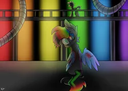 Size: 1105x789 | Tagged: semi-grimdark, artist:nk94drawings, derpibooru import, rainbow dash, pegasus, pony, fanfic:rainbow factory, black sclera, black suit, bleeding, blood, blood stains, catsuit, creepypasta, duo, dyed tail, fanfic art, female, image, liquid rainbow, long description, looking at you, looking back, looking back at you, pegasus device, pipe (plumbing), png, railing, rainbow factory dash, rainbow pupils, random pony, sign, sitting, spectra, tail