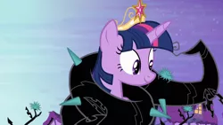 Size: 1920x1080 | Tagged: safe, derpibooru import, screencap, twilight sparkle, twilight sparkle (alicorn), alicorn, pony, princess twilight sparkle (episode), big crown thingy, black vine, coils, element of magic, female, horn, image, jewelry, mare, png, ponyville, regalia, smiling