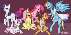 Size: 1263x633 | Tagged: semi-grimdark, artist:zombiebunnyy, derpibooru import, apple bloom, pinkie pie, rainbow dash, rarity, scootaloo, sweetie belle, earth pony, pegasus, pony, unicorn, fanfic:cupcakes, fanfic:pegasus device, fanfic:rainbow factory, absentia, alternate universe, blood, clothes, evil, factory scootaloo, female, flying, good end?, group, image, jpeg, knife, lab coat, lil miss rarity, mouth hold, pink background, signature, simple background, sitting, smiling