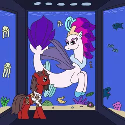 Size: 2408x2422 | Tagged: safe, artist:supahdonarudo, derpibooru import, queen novo, oc, oc:ironyoshi, eel, fish, jellyfish, seapony (g4), shark, starfish, unicorn, my little pony: the movie, aquarium, coral, image, looking at each other, looking at someone, png, redraw, shell