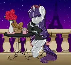 Size: 3200x2900 | Tagged: safe, alternate version, artist:kittyrosie, edit, editor:anonymous, rarity, inflatable pony, pony, pooltoy pony, unicorn, /mlp/ latex requests, beatnik rarity, beret, clothes, digital art, eiffel tower, female, france, hat, image, inflatable, jpeg, latex, mare, paris, pool toy, sitting, smiling, solo, sweater