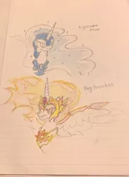 Size: 1497x2048 | Tagged: safe, artist:tiga mega, derpibooru import, daybreaker, nightmare moon, alicorn, pony, bust, duo, duo female, female, horn, image, jpeg, lined paper, mare, text, traditional art, wings