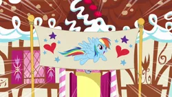 Size: 1280x720 | Tagged: safe, derpibooru import, screencap, rainbow dash, pegasus, pony, pinkie pride, season 4, banner, cute, dashabetes, female, happy, image, mare, png, solo, sugarcube corner