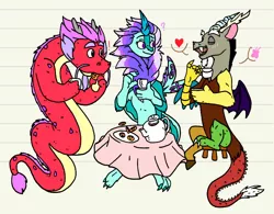 Size: 750x585 | Tagged: safe, artist:chub-wub, artist:dungeonbeardeddragon, derpibooru import, discord, draconequus, dragon, beard, cookie, crossover, cup, dragoness, facial hair, female, food, heart, image, jpeg, lineart, magic, male, noodles, open mouth, open smile, plate, raya and the last dragon, redraw, sisu, smiling, tea, tea party, teacup, teapot, trio, wish dragon