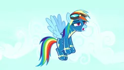 Size: 1280x720 | Tagged: safe, edit, edited screencap, editor:anonymous, screencap, rainbow dash, pegasus, pony, yakity-sax, /mlp/ latex requests, clothes, female, flying, goggles, image, latex, latex suit, mare, open mouth, png, show accurate, solo, spread wings, sweat, tired, uniform, wings, wonderbolts uniform