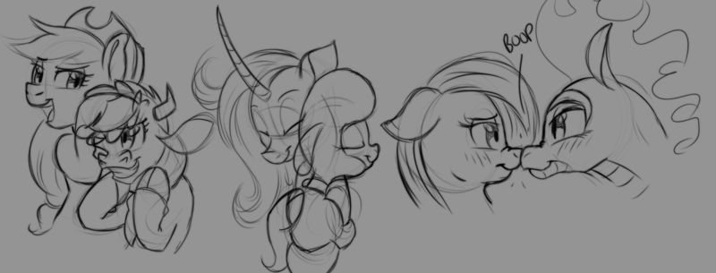 Size: 1800x687 | Tagged: safe, artist:redahfuhrerking, derpibooru import, applejack, fluttershy, oleander (tfh), cow, dragon, hybrid, longma, them's fightin' herds, arizona (tfh), boop, community related, image, monochrome, png, pom (tfh), sketch, tianhuo (tfh)