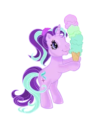 Size: 600x800 | Tagged: safe, artist:vernorexia, derpibooru import, starlight glimmer, pony, unicorn, equestria girls, mirror magic, spoiler:eqg specials, alternate hairstyle, bipedal, cute, food, g3, g4, g4 to g3, generation leap, glimmerbetes, ice cream, ice cream cone, image, png, ponytail, scrunchie, simple background, solo, transparent background