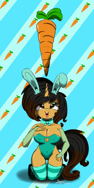 Size: 2000x4000 | Tagged: suggestive, artist:hisp, derpibooru import, oc, oc:comana, anthro, unicorn, ahegao, big breasts, breasts, bunny suit, carrot, clothes, easter, female, food, holiday, image, jpeg, kneeling, looking up, open mouth, simple background, socks, solo, solo female, tight clothing, tongue out, wallpaper