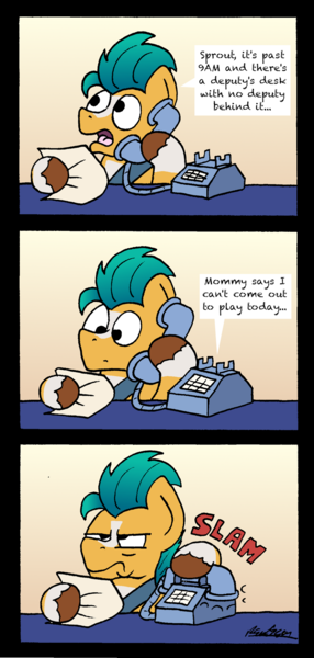 Size: 1024x2151 | Tagged: safe, artist:bobthedalek, derpibooru import, hitch trailblazer, earth pony, pony, spoiler:g5, 3 panel comic, comic, g5, image, implied sprout, male, phone, png, stallion, unamused