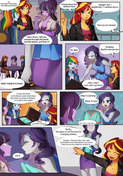 Size: 894x1280 | Tagged: suggestive, artist:cofotory, artist:mlp-cam, derpibooru import, rainbow dash, rarity, starlight glimmer, sunset shimmer, comic:equestria girls curse and madness, equestria girls, absolute cleavage, anime, big breasts, breasts, busty starlight glimmer, cleavage, comic, engrish, image, misspelling, png, rarity peplum dress, speech bubble, sweat, sweatdrop, tight clothing, unbuttoned