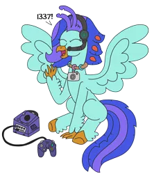 Size: 2174x2448 | Tagged: safe, artist:supahdonarudo, derpibooru import, oc, oc:sea lilly, unofficial characters only, classical hippogriff, hippogriff, camera, controller, cute, eyes closed, gamecube, gamer, happy, headphones, image, jewelry, microphone, necklace, nintendo, ocbetes, png, raised arm, simple background, sitting, transparent background