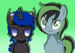 Size: 700x493 | Tagged: safe, artist:chip16, derpibooru import, oc, oc:bluey, oc:weo, changeling, pegasus, image, png, stare