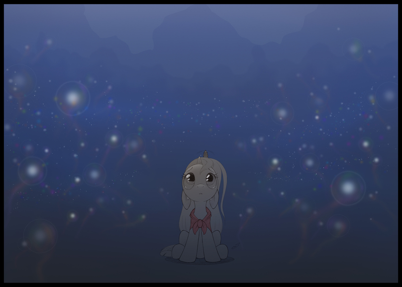 Size: 3429x2450 | Tagged: safe, artist:sherwoodwhisper, derpibooru import, oc, oc:eri, oc:whisper, unofficial characters only, firefly (insect), insect, mouse, pony, unicorn, cape, clothes, crying, female, filly, final fantasy, final fantasy x, foal, image, jpeg, looking up, male, night