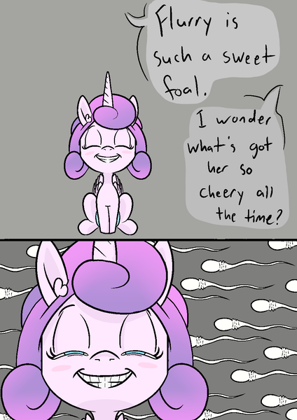 Size: 1000x1414 | Tagged: suggestive, artist:happy harvey, derpibooru import, princess flurry heart, alicorn, pony, 2 panel comic, blushing, comic, creepy, creepy smile, dialogue, diaper, drawn on phone, ear fluff, eyes closed, female, filly, foal, image, lidded eyes, narrowed eyes, offscreen character, png, sitting, smiling, sperm cell, spermatozoon