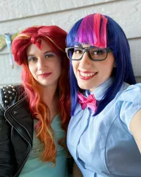 Size: 1080x1350 | Tagged: safe, artist:briannacherrycosplay, derpibooru import, sunset shimmer, twilight sparkle, human, equestria girls, clothes, cosplay, costume, duo, glasses, image, irl, irl human, jpeg, photo