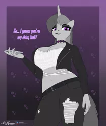 Size: 7400x8800 | Tagged: suggestive, artist:clear vision, derpibooru import, oc, oc:rainbow crash, anthro, unicorn, big breasts, big titty goth gf, breasts, choker, cleavage, clothes, dialogue, eyeshadow, female, image, jeans, looking at you, makeup, pants, phone, png, ripped jeans, ripped pants, solo, torn clothes, wide hips