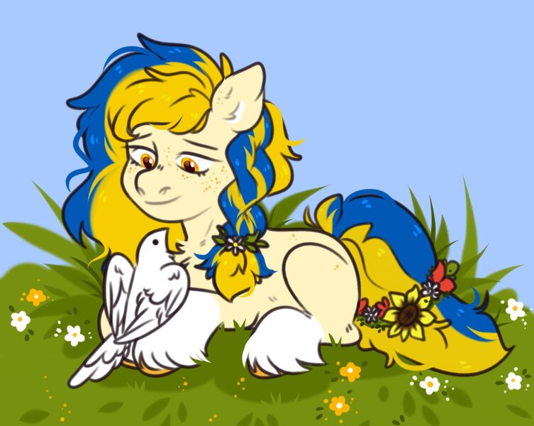 Size: 1500x1195 | Tagged: safe, artist:kiiitssss, derpibooru import, oc, oc:ukraine, ponified, bird, dove, earth pony, pony, flower, image, jpeg, nation ponies, smiling, solo, sunflower, ukraine