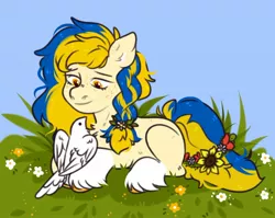 Size: 1500x1195 | Tagged: safe, artist:kiiitssss, derpibooru import, oc, oc:ukraine, ponified, bird, dove, earth pony, pony, flower, image, jpeg, nation ponies, smiling, solo, sunflower, ukraine