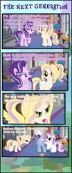 Size: 949x2292 | Tagged: safe, artist:shootingstarsentry, derpibooru import, starlight glimmer, oc, oc:opulence, oc:photogenic, oc:radiant majesty, pony, unicorn, comic:the next generation, female, image, mare, offspring, parent:fancypants, parent:fleur-de-lis, parent:hoity toity, parent:photo finish, parent:prince blueblood, parents:fancyfleur, parents:photoity, png