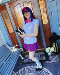 Size: 1080x1350 | Tagged: safe, artist:briannacherrycosplay, derpibooru import, twilight sparkle, human, equestria girls, book, clothes, cosplay, costume, glasses, image, irl, irl human, jpeg, photo, shoes, socks, solo